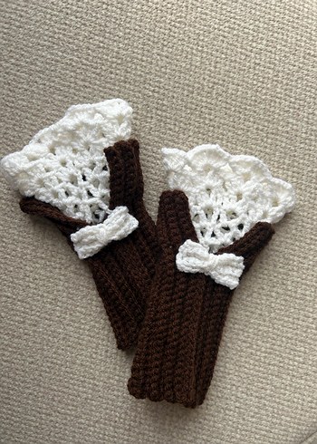 Kahverengi Beyaz Örgü Kadın Eldiven - Görsel 2