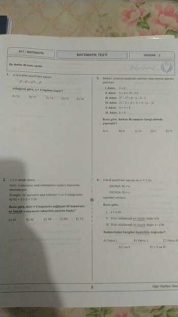  Beden Ayt Matematik denemesi 