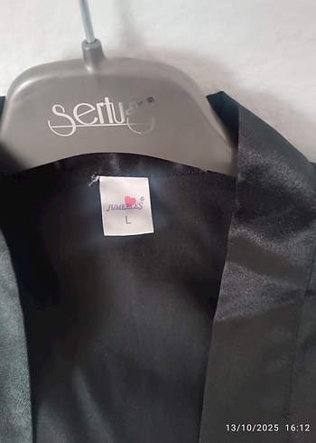 Parlak Siyah Kısa Kollu Midi Kadın Sabahlık - Görsel 3