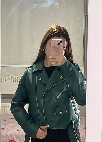 Kadın Yeşil Deri Kemerli Ceket - Görsel 2