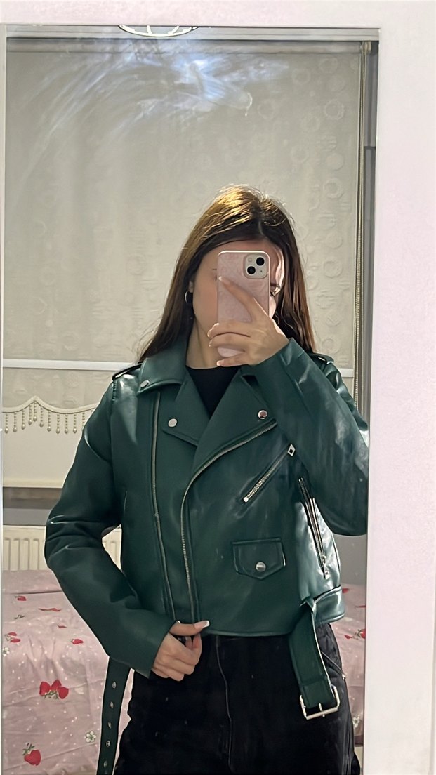 Kadın Yeşil Deri Kemerli Ceket - Görsel 2