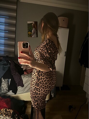 m Beden Leopar elbise