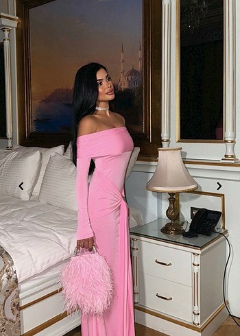 s Beden pembe Renk Pembe Uzun Drapeli Straplez Elbise