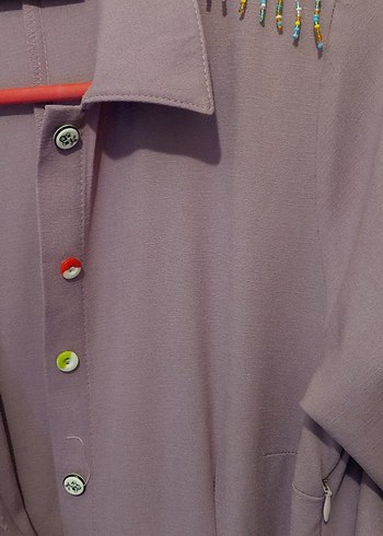 Düğmeli Mor Uzun Kollu Uzun Elbise - Görsel 3