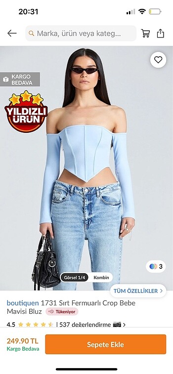 Boutiquen Fermuarlı Crop Bebe Mavisi Bluz