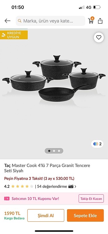 Taç Master Cook 4'lü 7 Parça Granit Tencere Seti Siyah