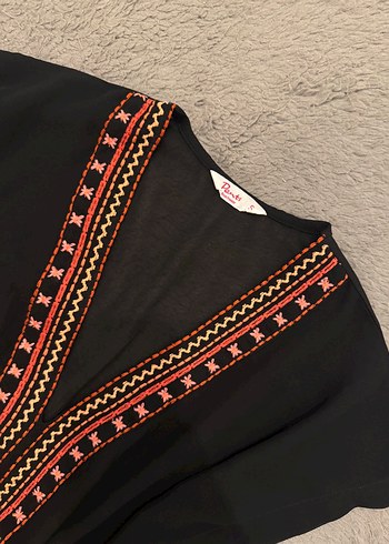 s Beden Penti İşlemeli Siyah Tül Bohem Kaftan Pareo Beachwear