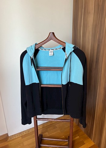 Mavi Siyah Fermuarlı Kapüşonlu Sweatshirt
