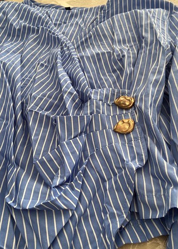 Düğmeli Mavi Kadın Keten Gömlek - Görsel 2