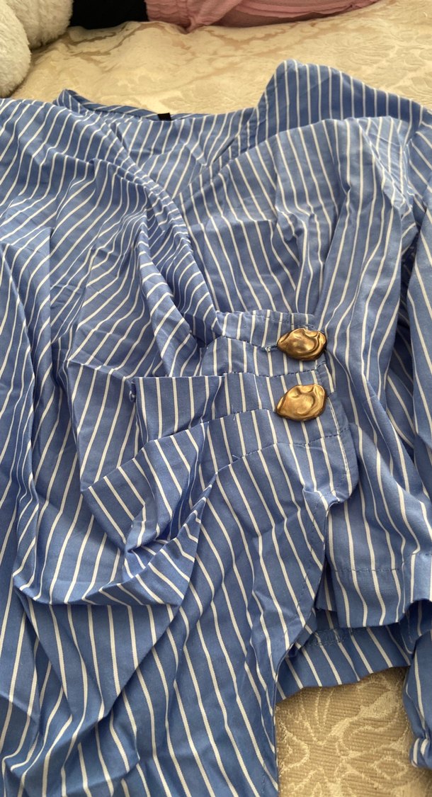 Düğmeli Mavi Kadın Keten Gömlek - Görsel 2