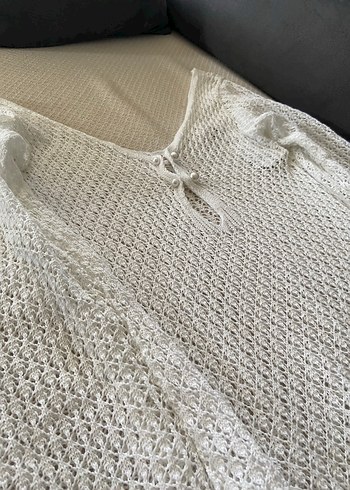 Beyaz V Yaka Uzun Örgü Kadın elbise - Görsel 2