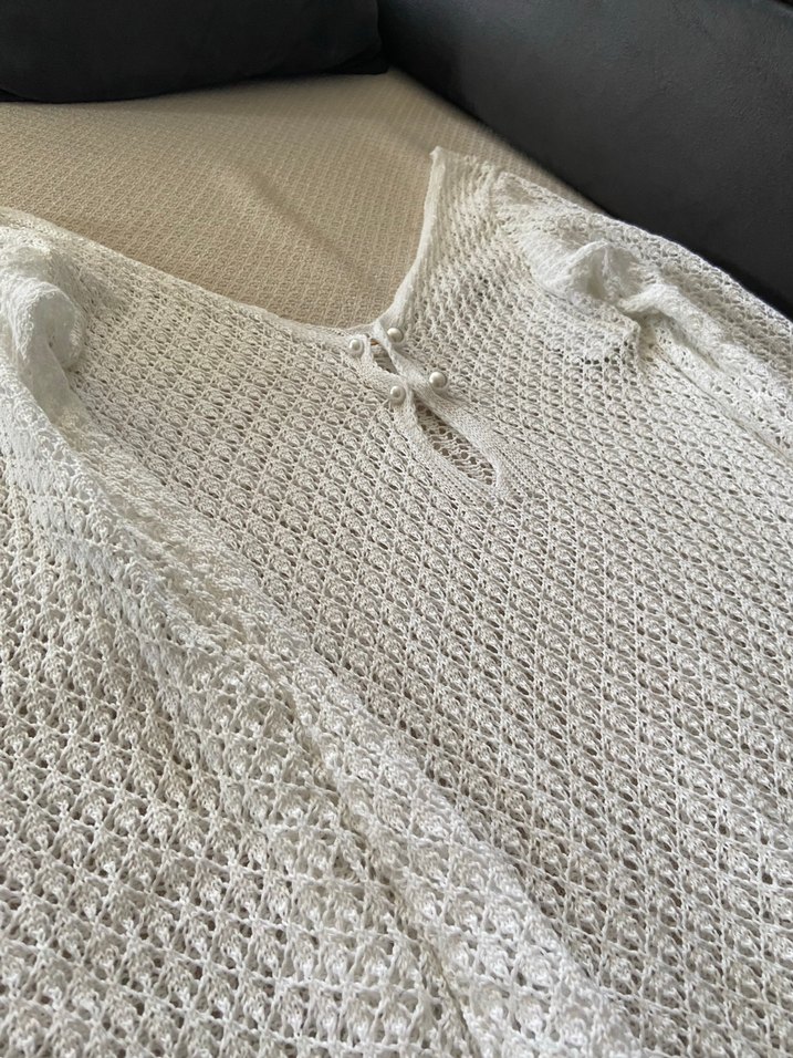 Beyaz V Yaka Uzun Örgü Kadın elbise - Görsel 2