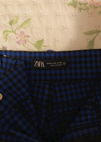 Zara Düğmeli Lacivert Kareli Dar Kesim Kadın Pantolon