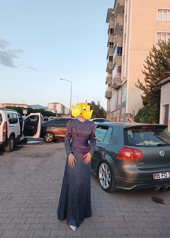 Uzun Kollu lacivert Drapeli Abiye Elbise