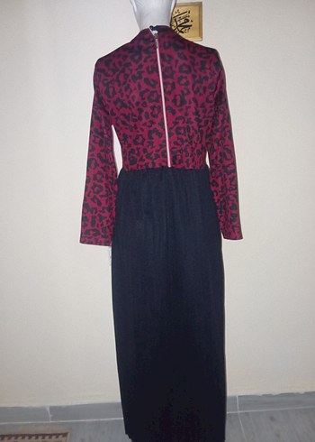 Bordo Siyah Uzun Kadın Elbise - Görsel 2