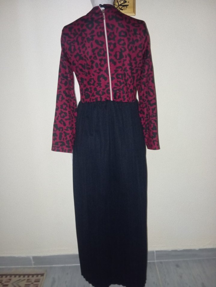 Bordo Siyah Uzun Kadın Elbise - Görsel 5