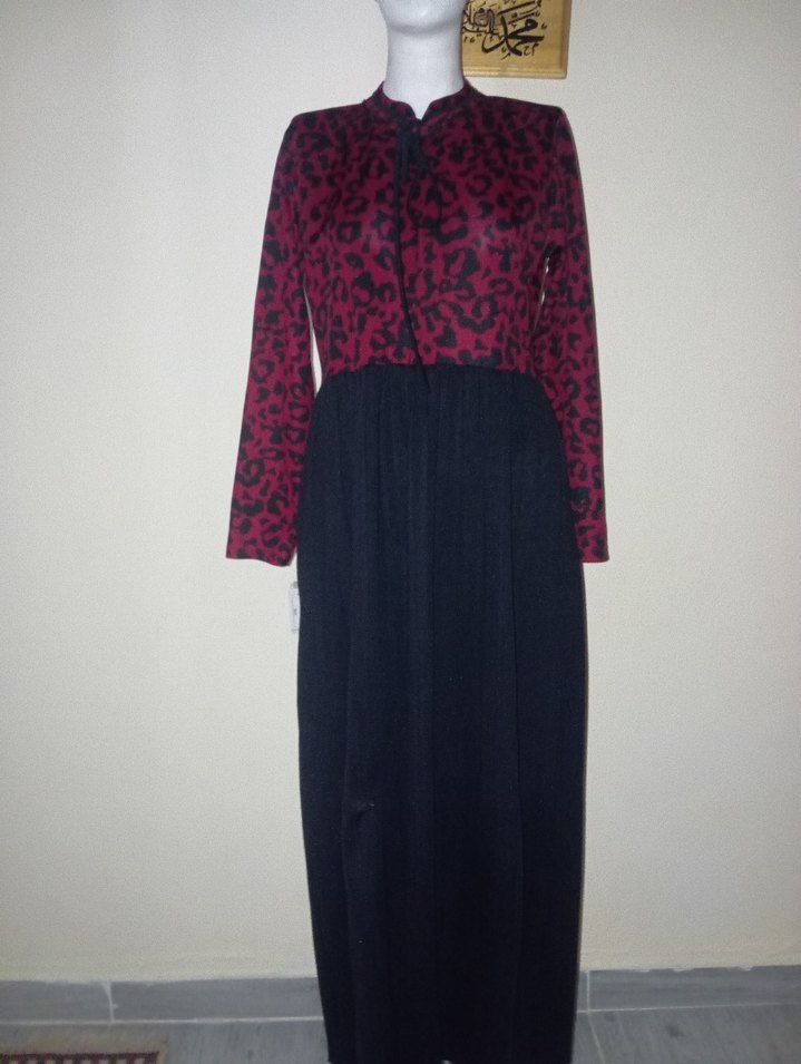 Bordo Siyah Uzun Kadın Elbise - Görsel 4