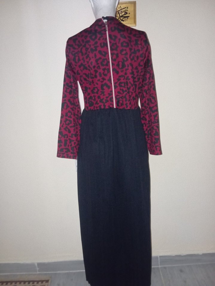 Bordo Siyah Uzun Kadın Elbise - Görsel 2