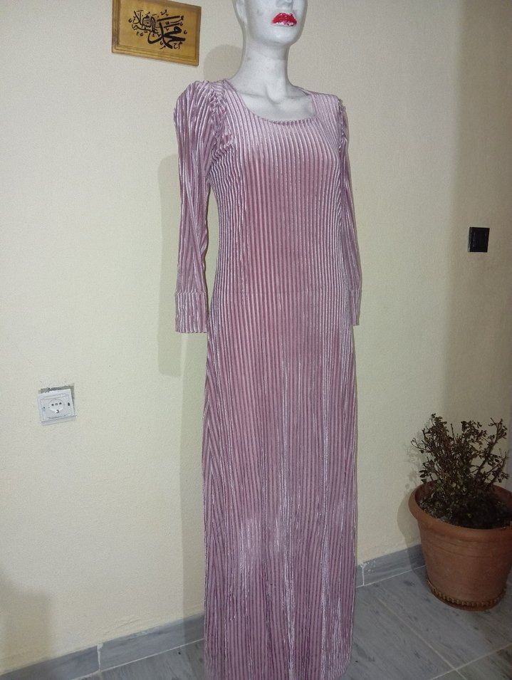 Uzun Kollu Pilili Mor Bohem Elbise - Görsel 3