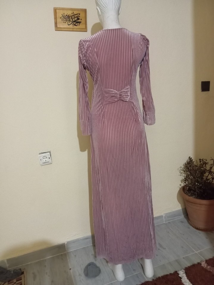 Uzun Kollu Pilili Mor Bohem Elbise - Görsel 2