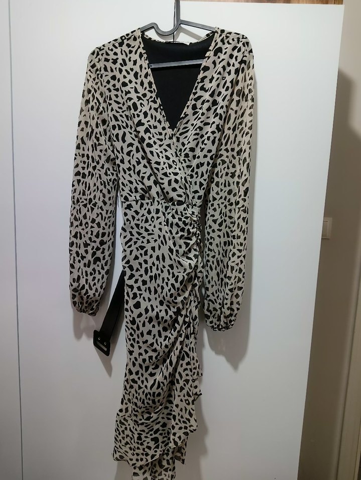 Gri Zebra Desenli Uzun Kemerli Elbise - Görsel 2