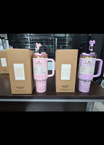 Pastel Pembe Desenli Kulplu Termos Bardak