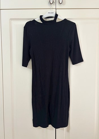 Topshop Düz Siyah V Yaka Midi Elbise