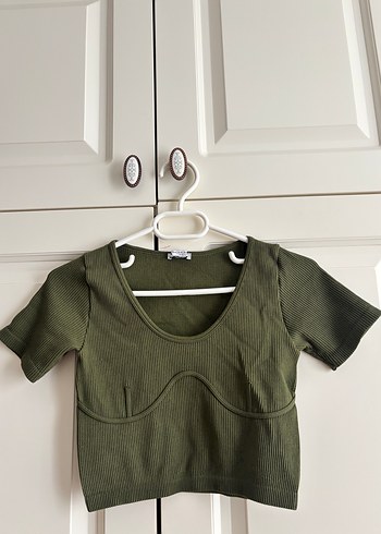 Kadın Haki Kısa Kesim Fitilli Crop Top