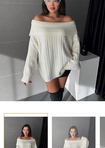 Beyaz Oversize Triko Mini Kazak - Görsel 2