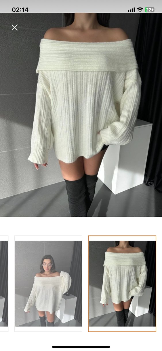 Beyaz Oversize Triko Mini Kazak - Görsel 3