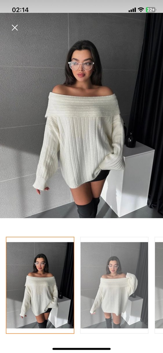 Beyaz Oversize Triko Mini Kazak - Görsel 2