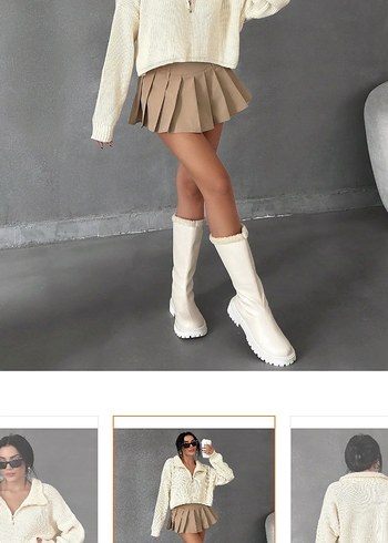 Bej Örgü Mini Kadın Kazak - Görsel 3