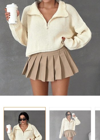 Bej Örgü Mini Kadın Kazak - Görsel 2