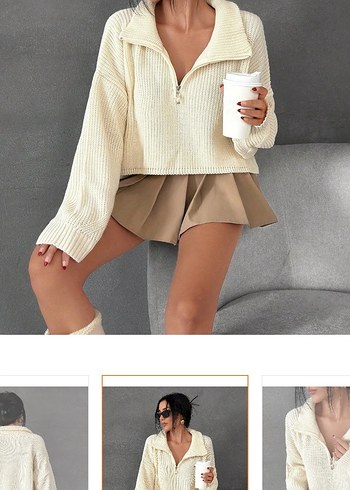 Bej Örgü Mini Kadın Kazak - Görsel 4