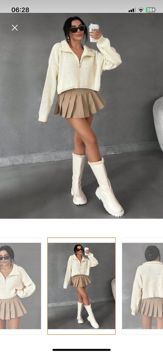 Bej Örgü Mini Kadın Kazak - Görsel 3