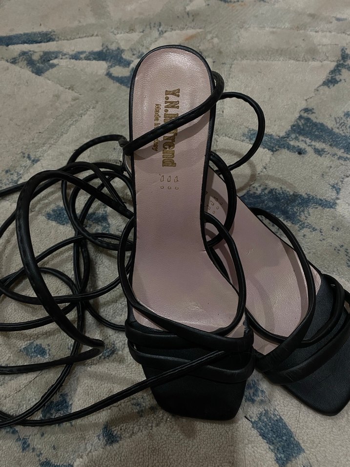 Siyah Yılan Desenli Bağcıklı Stiletto Topuklu Kadın Sandalet - Görsel 2