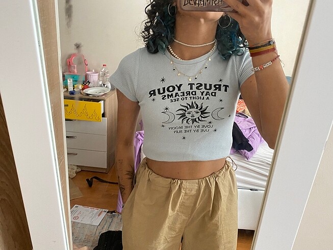 s Beden mavi Renk Kısa kollu crop