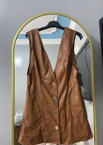 Düğmeli Kahverengi Deri Midi elbise - Görsel 2