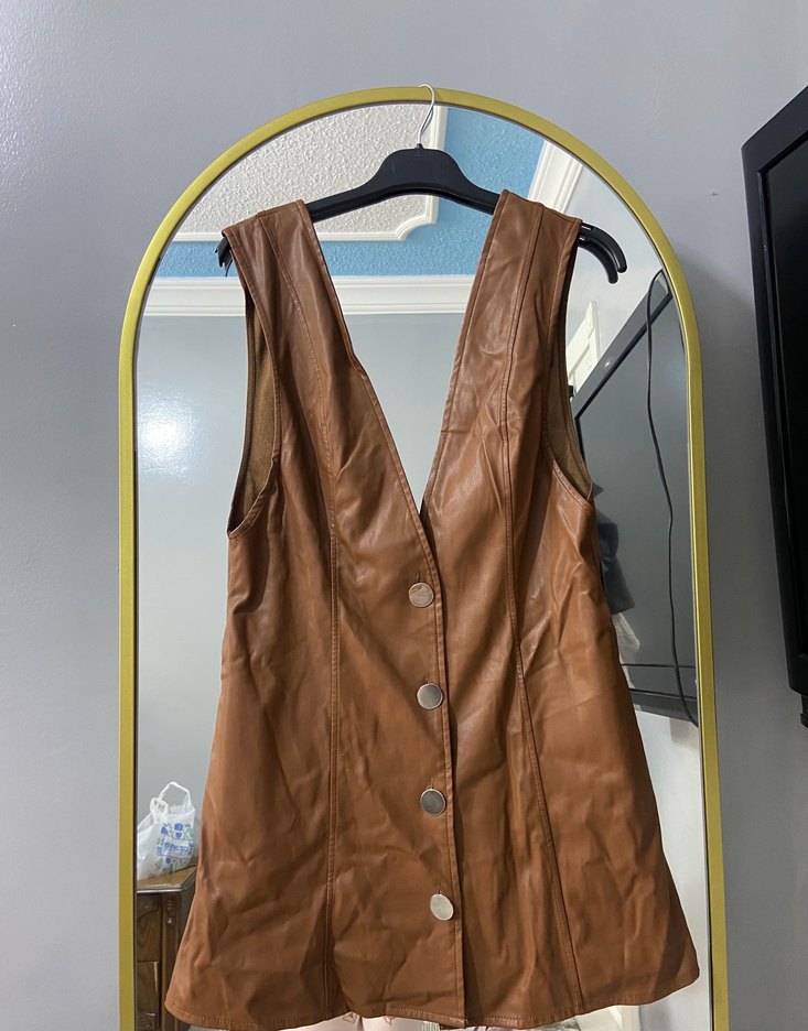 Düğmeli Kahverengi Deri Midi elbise - Görsel 2