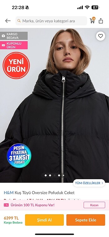 H&M H&m kuş tüyü oversize pofuduk ceket
