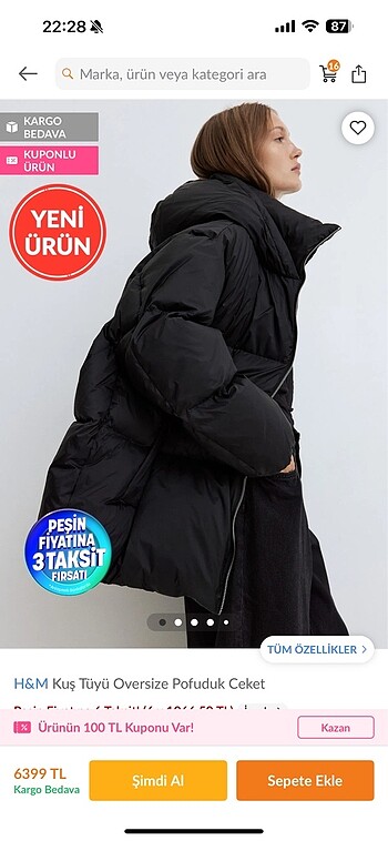 xs Beden H&m kuş tüyü oversize pofuduk ceket