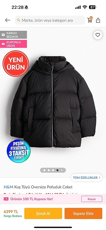 xs Beden siyah Renk H&m kuş tüyü oversize pofuduk ceket