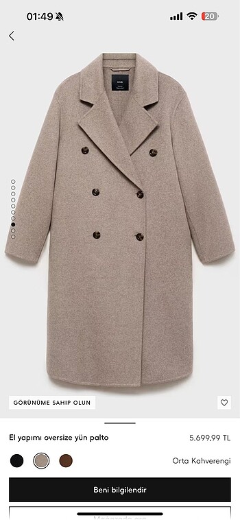 Mango el yapımı oversize yün palto
