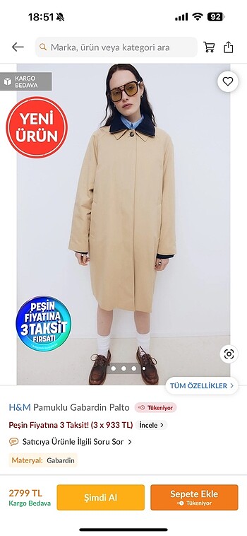 H&M pamuklu gabardin palto