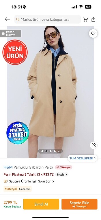 H&M H&M pamuklu gabardin palto