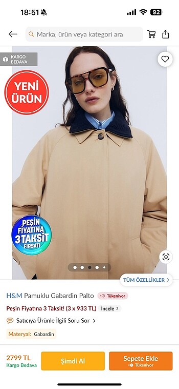 m Beden H&M pamuklu gabardin palto