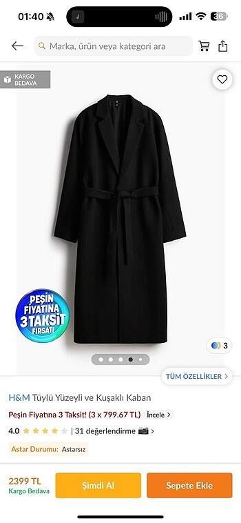 H&m tüylü yüzeyli ve kuşaklı kaban