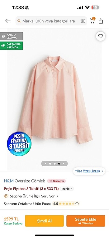 xs Beden pembe Renk H&M oversize gömlek