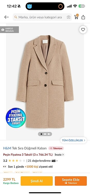 H&M tek sıra düğmeli kaban
