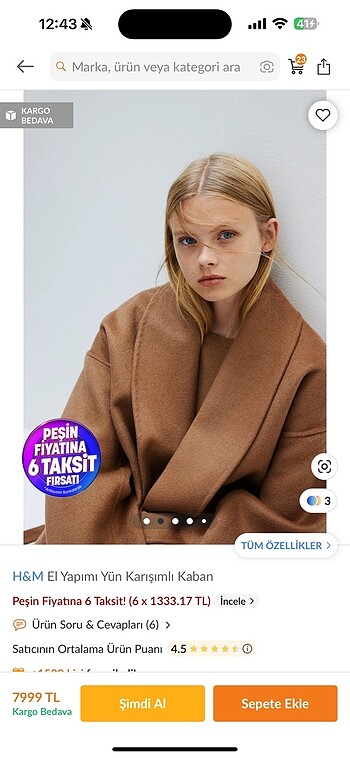 m Beden H&M el yapımı yün karışımlı kaban